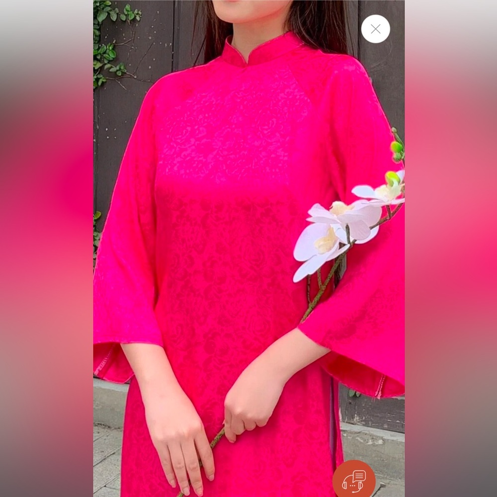 VIETNAMESE | Aó Dài Dress High Collar Pink Fuchsia Floral Flower Traditional M